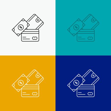 kredi kartı, para, Döviz, dolar, m-cüzdan simgesi üzerinde çeşitli arka plan. Çizgi stili tasarım, Web ve uygulama Eps 10 vektör çizim için tasarlanmış