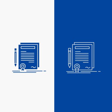 İş, sertifika, sözleşme, derecesi, belge satır ve glif web UI ve Ux, Web sitesi veya mobil uygulama için mavi renkte Dikey Banner düğme