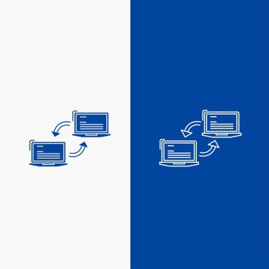 Bilgisayar, bağlantı, bağlantı, ağ, eşitleme satır ve glif web UI ve Ux, Web sitesi veya mobil uygulama için mavi renkte Dikey Banner düğme