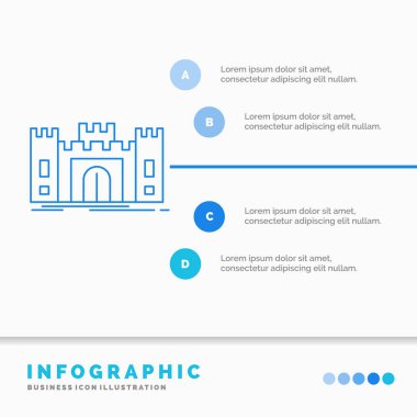 Kale, savunma, kale, kale, Simgesel Yapı Infographics şablon web sitesi ve sunum için. Çizgi mavi kutsal kişilerin resmi Infographic stil vektör çizim