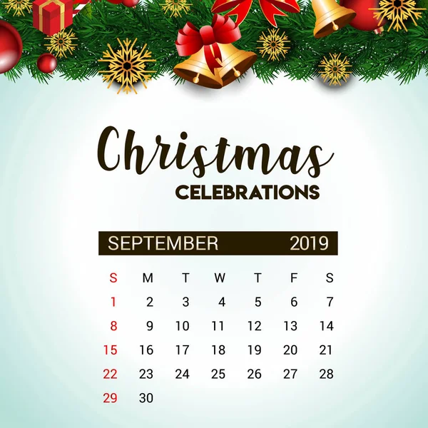 Plantilla Diseño Calendario Septiembre 2019 Decoración Navidad Año Nuevo — Vector de stock