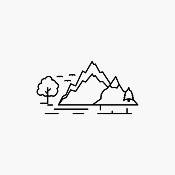Hill Krajina Příroda Hory Řádku Ikonu Stromu Izolované Vektorové Ilustrace — Stockový vektor