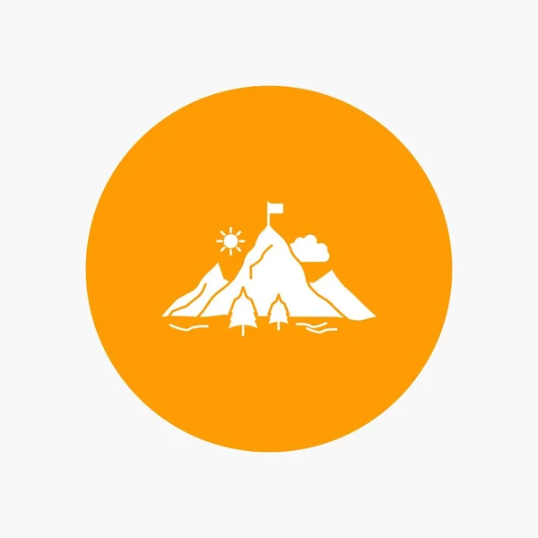 Conquista Bandeira Missão Montanha Sucesso White Glyph Icon Circle Ilustração — Vetor de Stock