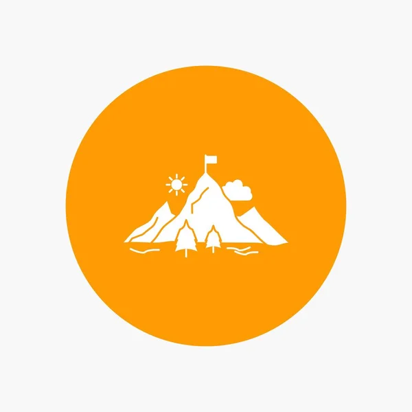 Logro Bandera Misión Montaña Éxito Icono Glifo Blanco Círculo Ilustración — Vector de stock