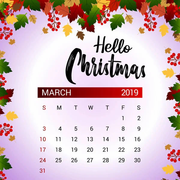 2019 Modelo Design Calendário Março Natal Decoração Ano Novo — Vetor de Stock