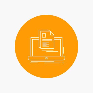 account, Laptop, Report, Print, Resume White Line Icon in Circle background. vector icon illustration