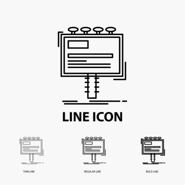 Reklam, reklam, reklam, billboard, sahil yolu kutsal kişilerin resmi içinde ince, düzenli ve kalın çizgi stili. Vektör çizim