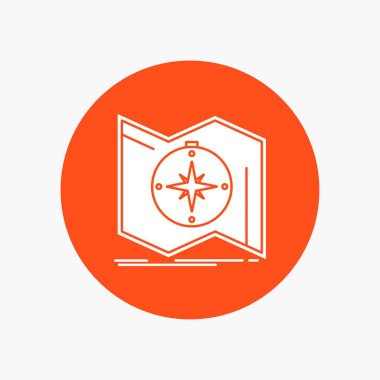 Yön, keşfetmek, harita, gidin, gezinti beyaz glif simgesini daire içinde. Düğmesi illüstrasyon vektör