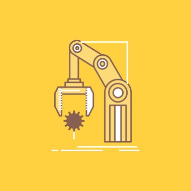 Automation, factory, hand, mechanism, package Flat Line Filled Icon. Beautiful Logo button over yellow background for UI and UX, website or mobile application clipart