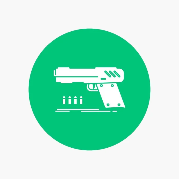 Gun Handgun Pistol Shooter Weapon White Glyph Icon Circle Vector — Stockvector