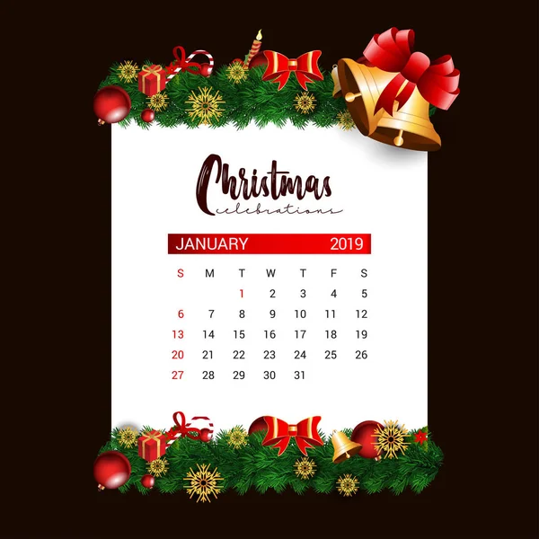 2019 Plantilla Diseño Del Calendario Enero Decoración Navidad Año Nuevo — Vector de stock