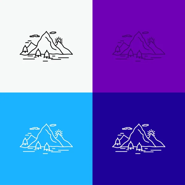 Heuvel Landschap Natuur Berg Scène Pictogramachtergrond Verschillende Lijn Stijl Design — Stockvector