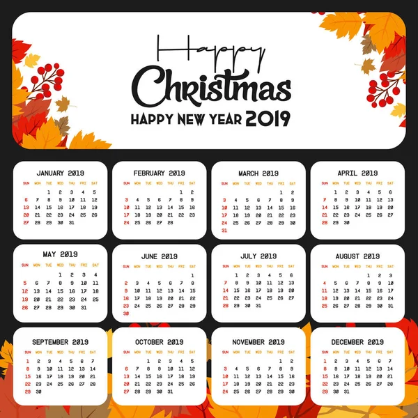 Plantilla Calendario 2019 Navidad Feliz Año Nuevo Fondo — Vector de stock