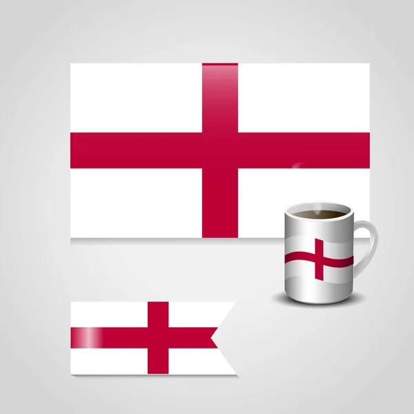 England Vereinigtes Königreich Flagge Auf Kaffeetasse Und Kleine Fahne Gedruckt — Stockvektor