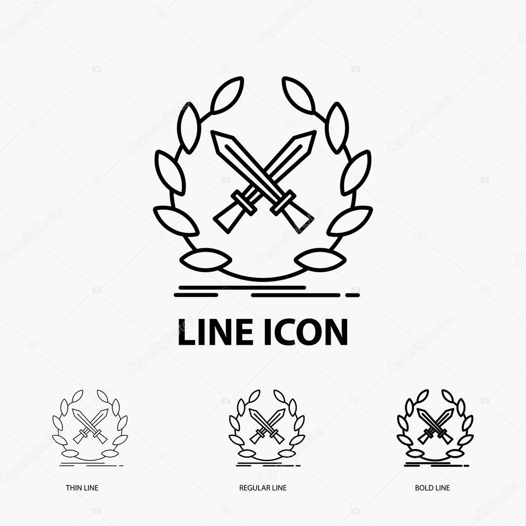 battle, emblem, game, label, swords Icon in Thin, Regular and Bold Line Style. Vector illustration