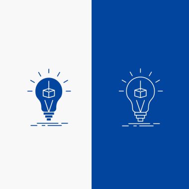 baskı, kutusunun satır ve glif web düğmesi mavi renkli dikey Banner UI için 3d küp, fikir, ampul ve Ux, Web sitesi veya mobil uygulama