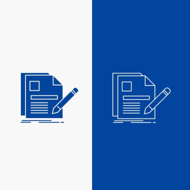 belge, dosya, sayfa, kalem, özgeçmiş satırı ve glif web düğmesi mavi dikey Banner UI ve Ux, Web sitesi veya mobil uygulama için renk