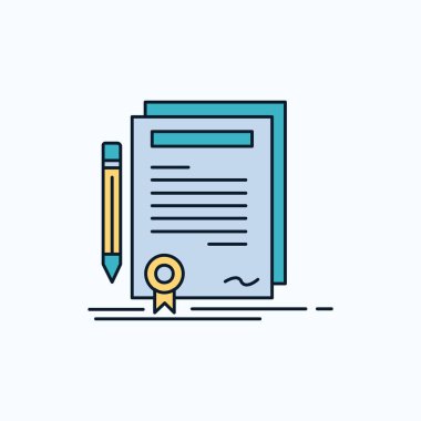 İş, sertifika, sözleşme, derecesi, düz kutsal kişilerin resmi belge. yeşil ve sarı işaret ve sembolleri Web sitesi ve mobil appliation için. vektör çizim