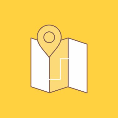 Kamp, harita, plan, izlemek, yer düz çizgi dolu kutsal kişilerin resmi. Güzel Logo düğme UI ve Ux, Web veya mobil uygulama için sarı arka plan üzerinde