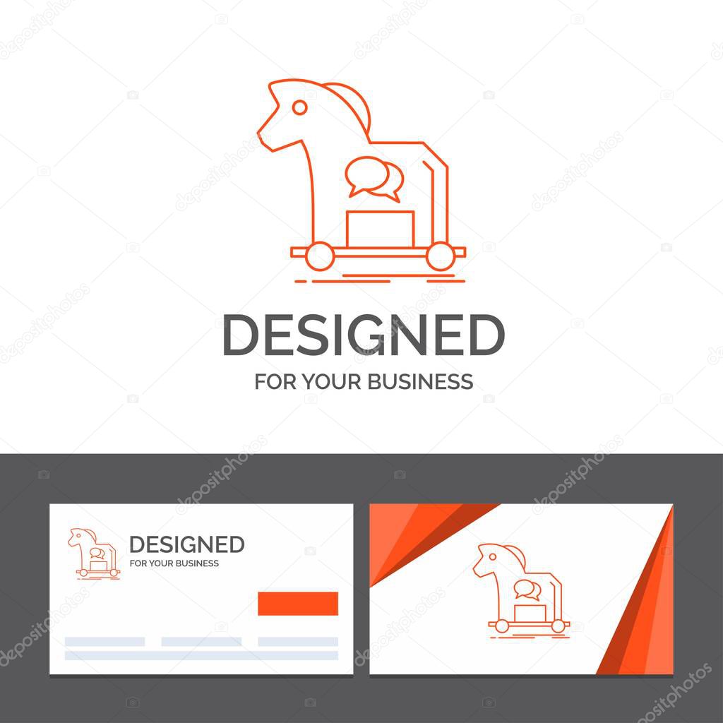 Business logo template for Cybercrime, horse, internet, trojan, virus. Orange Visiting Cards with Brand logo template