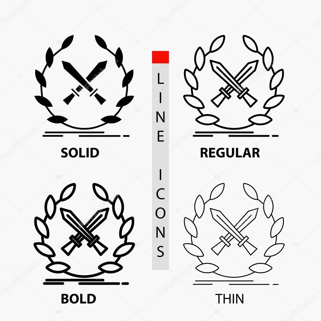 battle, emblem, game, label, swords Icon in Thin, Regular, Bold Line and Glyph Style. Vector illustration