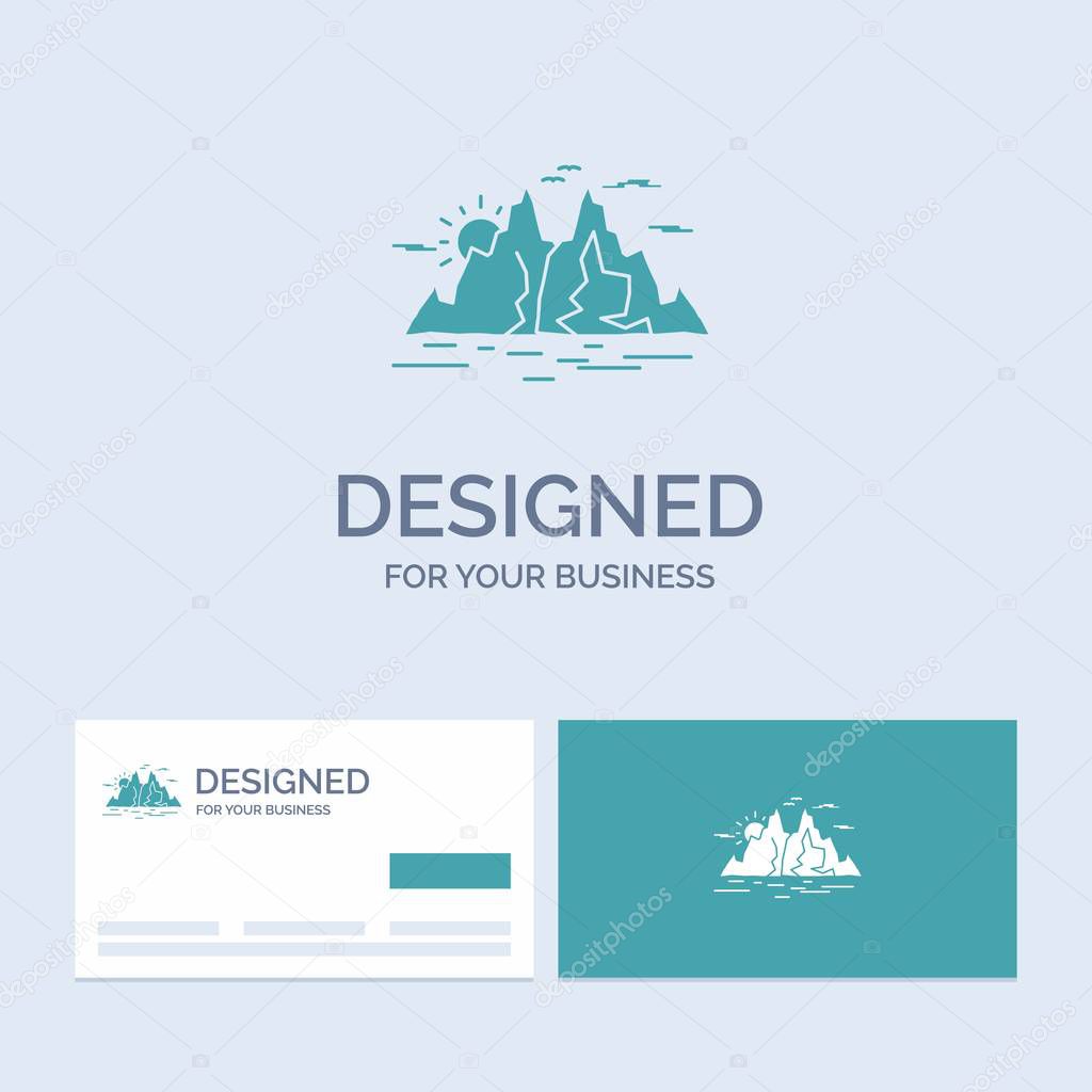 Nature, hill, landscape, mountain, water Business Logo Glyph Icon Symbol for your business. Turquoise Business Cards with Brand logo template.