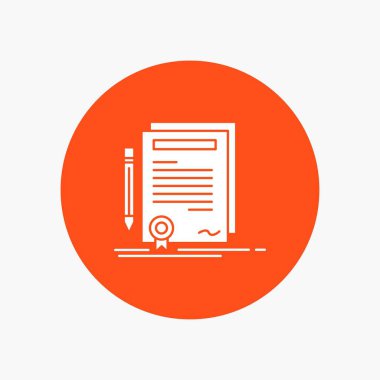 İş, sertifika, sözleşme, derecesi, beyaz glif simgesini daire içinde belge. Düğmesi illüstrasyon vektör