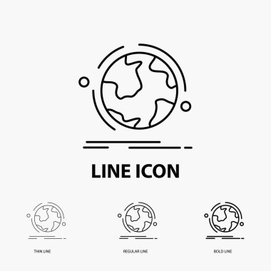 Küre, dünya, keşfetmek, bağlantı, ince, normal ve kalın çizgi stili simgesini ağ. Vektör çizim