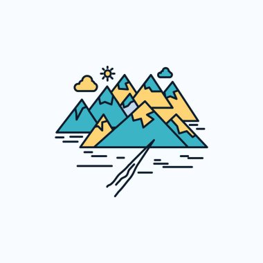 Dağ, tepe, peyzaj, kayalar, düz simgesi çatlamak. yeşil ve sarı işaret ve sembolleri Web sitesi ve mobil appliation için. vektör çizim