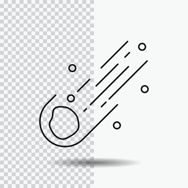 Asteroid, astronomi, meteor, uzay, kuyruklu yıldız satırı simgesi şeffaf arka plan üzerinde. Siyah simge vektör çizim