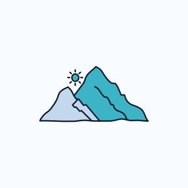 dağ, Doğa, manzara, tepe düz simgesi güneş. yeşil ve sarı işaret ve sembolleri Web sitesi ve mobil appliation için. vektör çizim