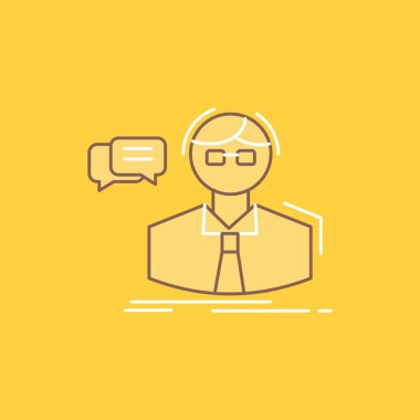 Profesör, öğrenci, bilim adamı, öğretmen, okul düz çizgi dolu kutsal kişilerin resmi. Güzel Logo düğme UI ve Ux, Web veya mobil uygulama için sarı arka plan üzerinde