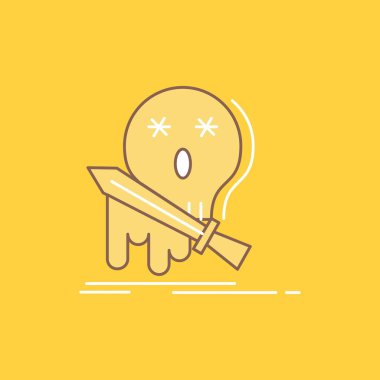Ölüm, frag, oyun, öldürme, kılıç düz çizgi dolu kutsal kişilerin resmi. Güzel Logo düğme UI ve Ux, Web veya mobil uygulama için sarı arka plan üzerinde