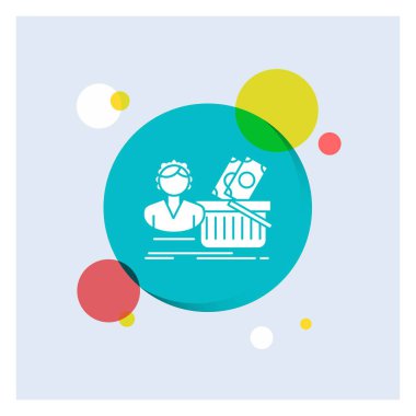 Maaş, alışveriş, alışveriş sepeti, kadın beyaz glif simgesi renkli daire arka plan