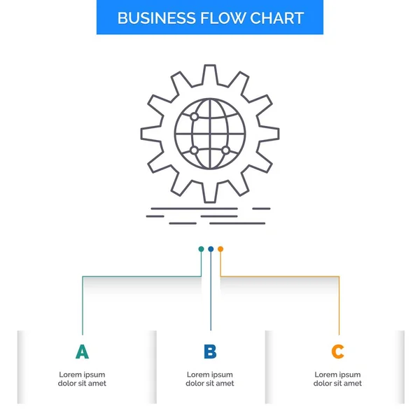 世界范围内 齿轮业务流程图设计与3个步骤 用于演示文稿背景模板位置的行图标 — 图库矢量图片