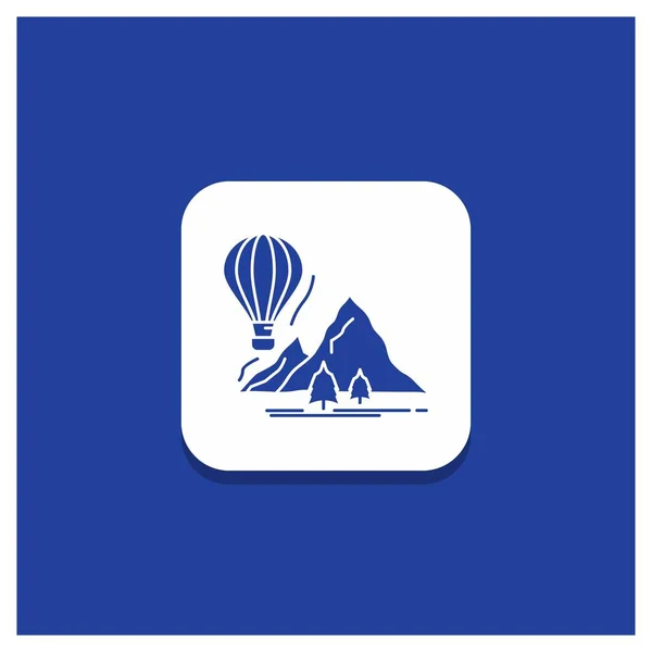 Botón Redondo Azul Para Explorar Viajar Montañas Acampar Globos Glyph — Vector de stock