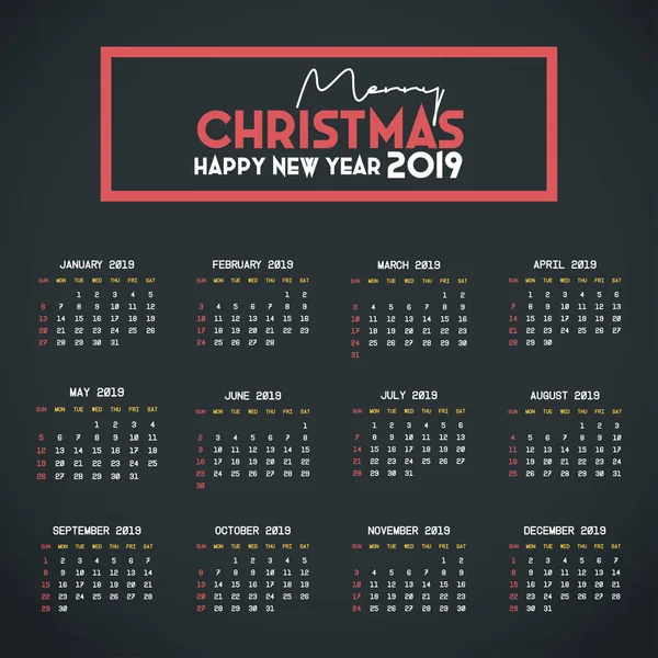 Plantilla Calendario 2019 Navidad Feliz Año Nuevo Fondo — Vector de stock