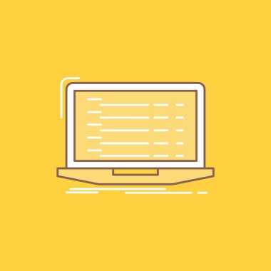 API, app, kodlama, geliştirici, dizüstü düz çizgi dolu kutsal kişilerin resmi. Güzel Logo düğme UI ve Ux, Web veya mobil uygulama için sarı arka plan üzerinde