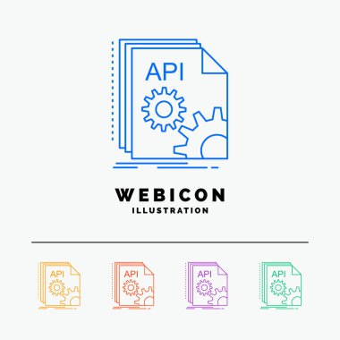 API, app, kodlama, geliştirici, 5 renkli Web simgesi şablonu üzerinde beyaz izole yazılım. Vektör çizim