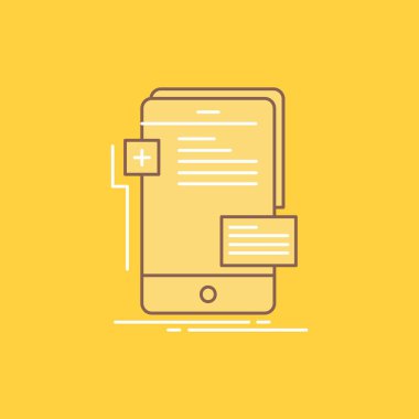 Frontend, arayüz, telefon, telefon, geliştirici düz çizgi dolu kutsal kişilerin resmi. Güzel Logo düğme UI ve Ux, Web veya mobil uygulama için sarı arka plan üzerinde