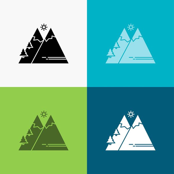 Mountains, Nature, Outdoor, Sun, Hiking Icon Over Various Background. glyph style design, designed for web and app. Eps 10 vector illustration