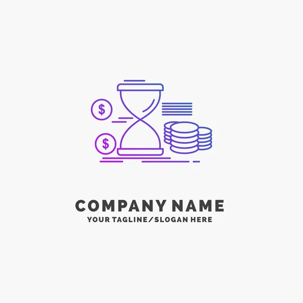 Ampulheta Gestão Dinheiro Tempo Moedas Purple Business Logo Template Lugar — Vetor de Stock