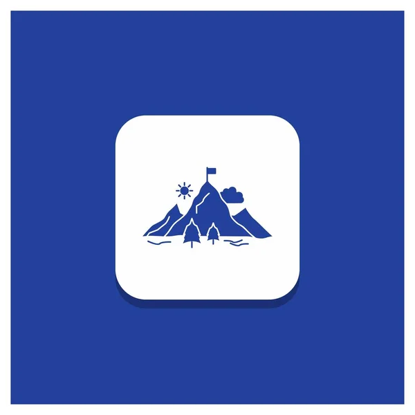 Botón Redondo Azul Para Logro Bandera Misión Montaña Éxito Icono — Vector de stock