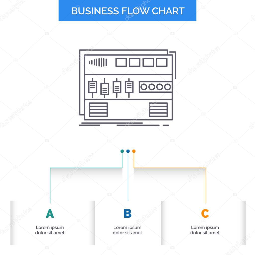 Audio, mastering, module, rackmount, sound Business Flow Chart Design with 3 Steps. Line Icon For Presentation Background Template Place for text