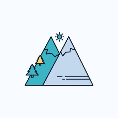 Dağlar, Doğa, açık, Güneş, düz simgesi Hiking. yeşil ve sarı işaret ve sembolleri Web sitesi ve mobil appliation için. vektör çizim