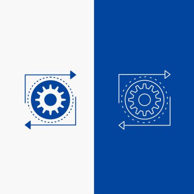 İş, dişli, yönetimi, işlem, işlem hattı ve glif web UI ve Ux, Web sitesi veya mobil uygulama için mavi renkte Dikey Banner düğme