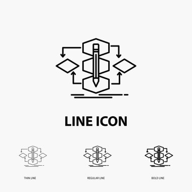 Algoritma, tasarım, yöntemi, modeli, işlem simgesini ince, düzenli ve kalın çizgi stili. Vektör çizim