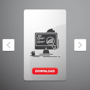Analytics, Masa, sunum, dizüstü bilgisayar, istatistik rekreasyon Pagination Slider tasarımı ve kırmızı Download düğme glif simgesini