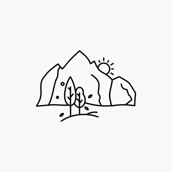 Colina Paisaje Naturaleza Montaña Árbol Line Icon Ilustración Aislada Vectorial — Vector de stock