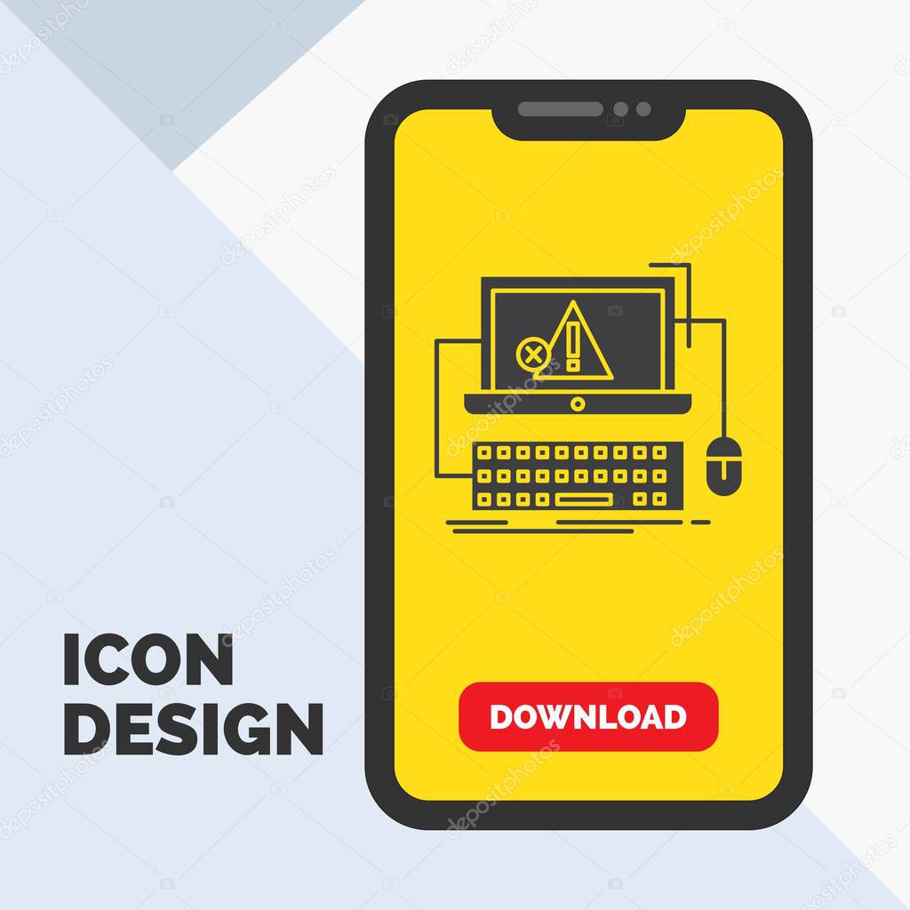 Computer, crash, error, failure, system Glyph Icon in Mobile for Download Page. Yellow Background